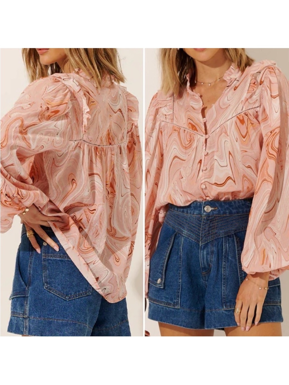 Kivari Ruby Pink Marble Swirl Long Sleeve Cotton Crinkle Blouse Top 2